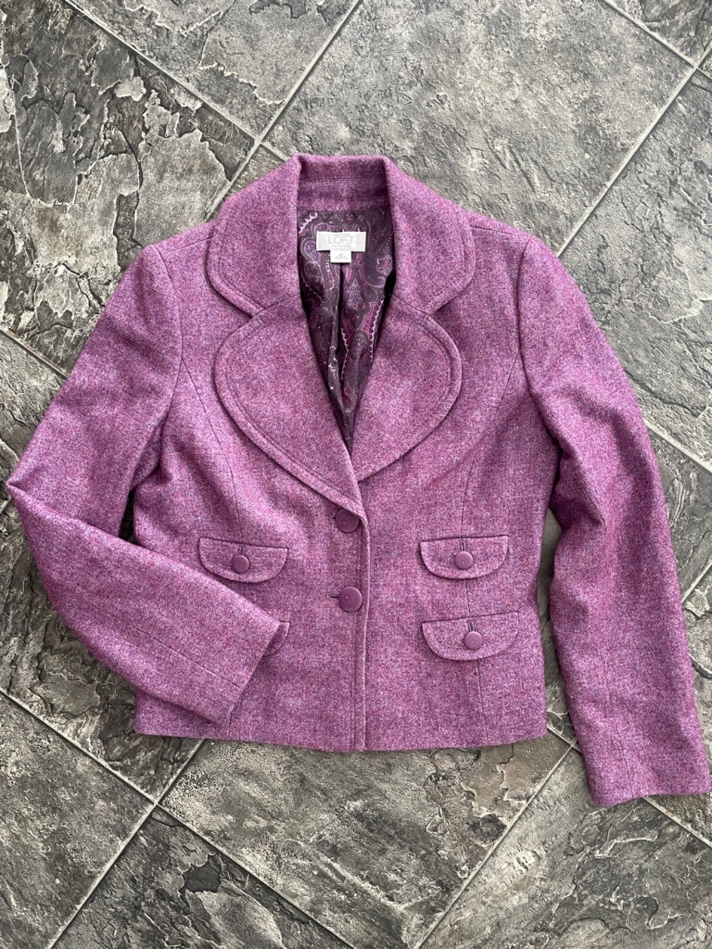 LOFT ANN TAYLOR Purple Tailored Wool-Blend Blazer with Notched Rounded Lapel